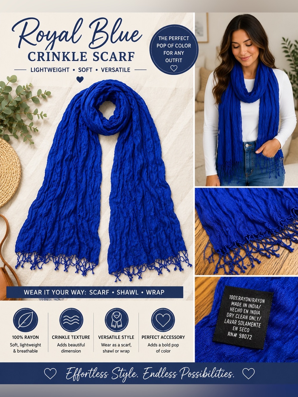 Royal Blue Crinkle Rayon Scarf Wrap Shawl Fringe 100% Rayon